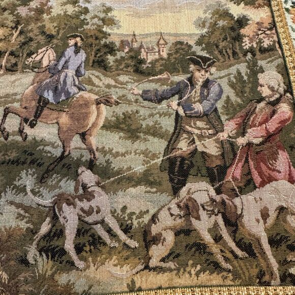 French style VTG Tapestry Wall Hanging Cottagecore Country Cottage Dog Horse - Picture 2 of 6